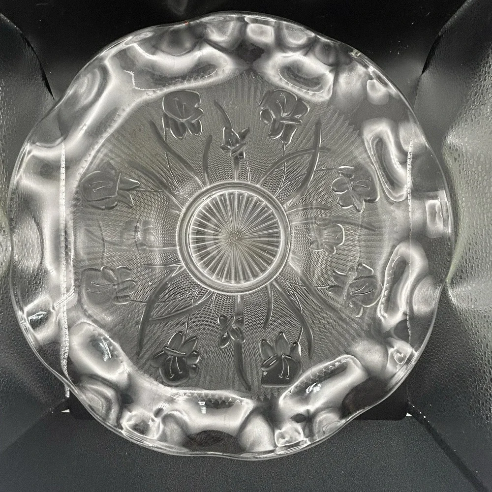 Herring Bone and Iris Depression Glass Fruit Seving Bowl Scalloped Edge 11